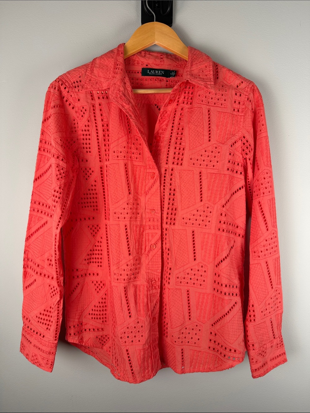 Ralph Lauren Coral Eyelet Design Button up Shirt Boho Chic Coastal